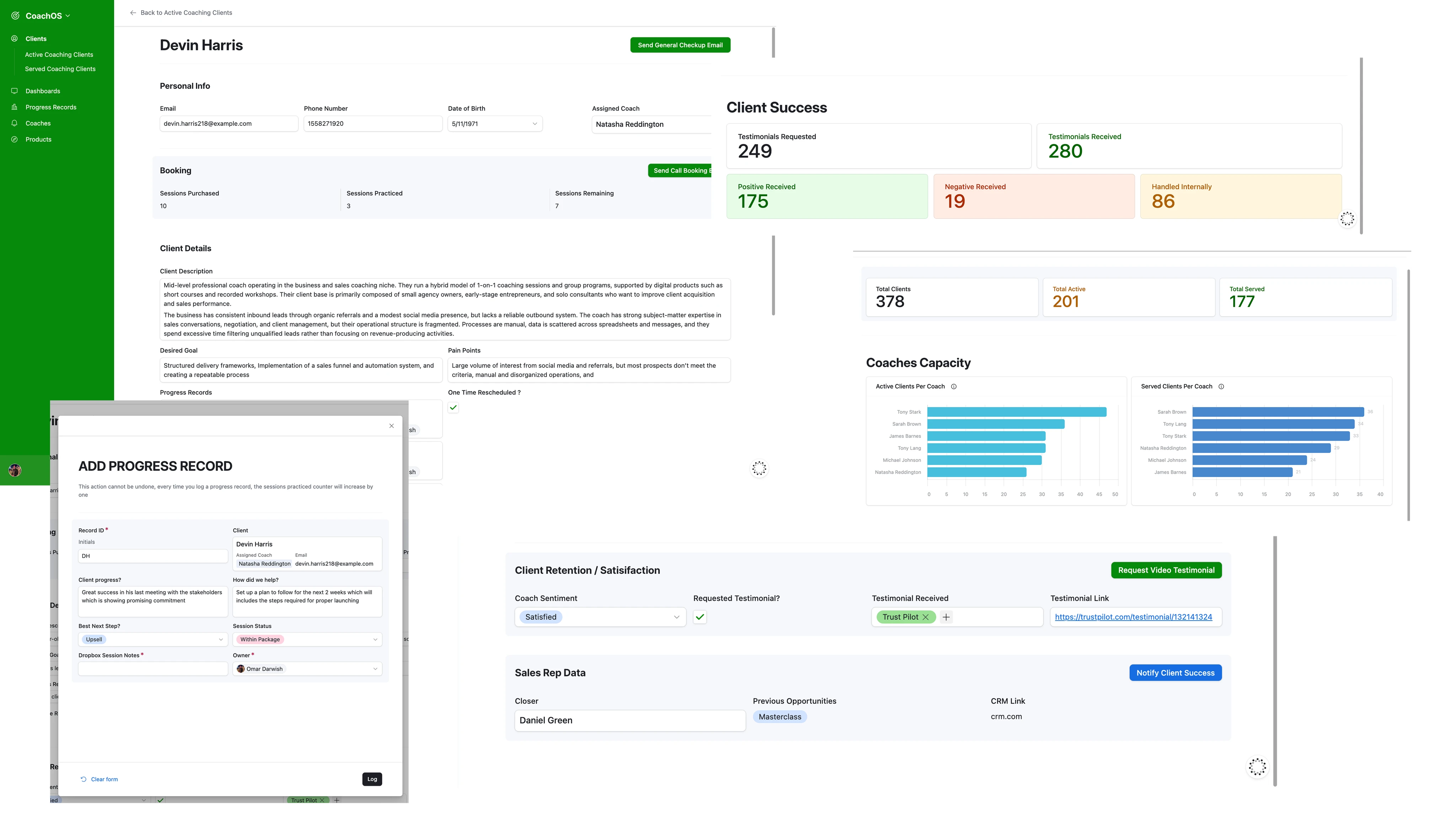CoachOS Client Coaching Management System (CCMS) by OMD Growth — an Airtable-powered coaching backend showing a Devin Harris client profile with personal info, session booking totals (sessions purchased, practiced, remaining), client description, structured goals and pain points, and an Add Progress Record modal for session notes, alongside Client Success testimonial counters (249 requested, 280 received), Total Clients 378 / Active 201 / Served 177, Coaches Capacity charts for Active and Served Clients Per Coach, Client Retention & Satisfaction panel with coach sentiment and testimonial tracking, and a Sales Rep Data module.