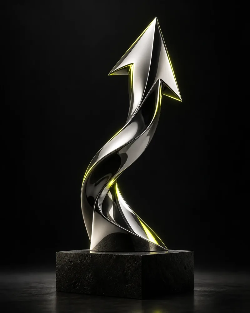 Sculptural chrome arrow rising from a black foundation